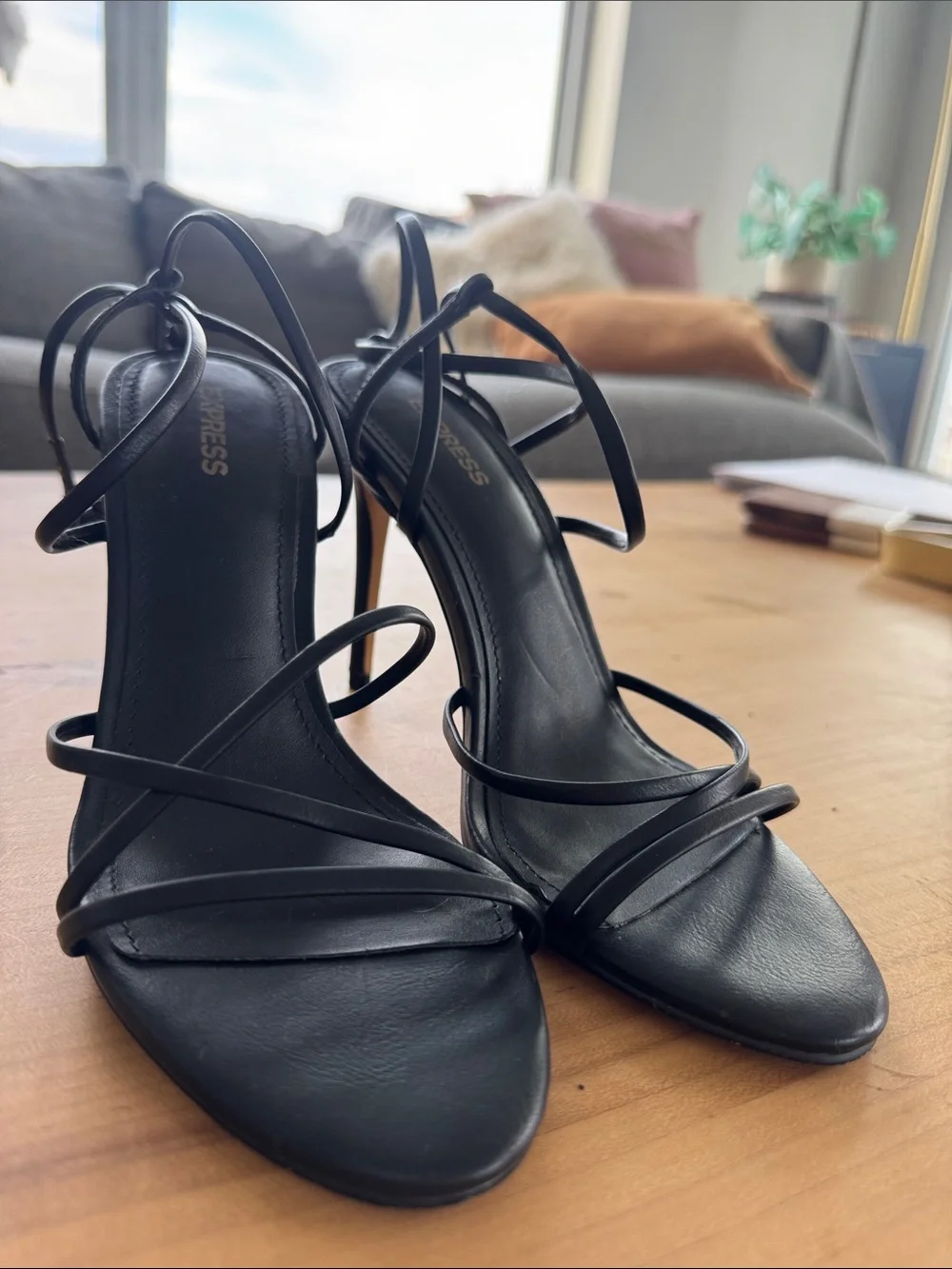 Express Black Strappy Ankle-Tie Heeled Sandals Size 7 Strappy Heels